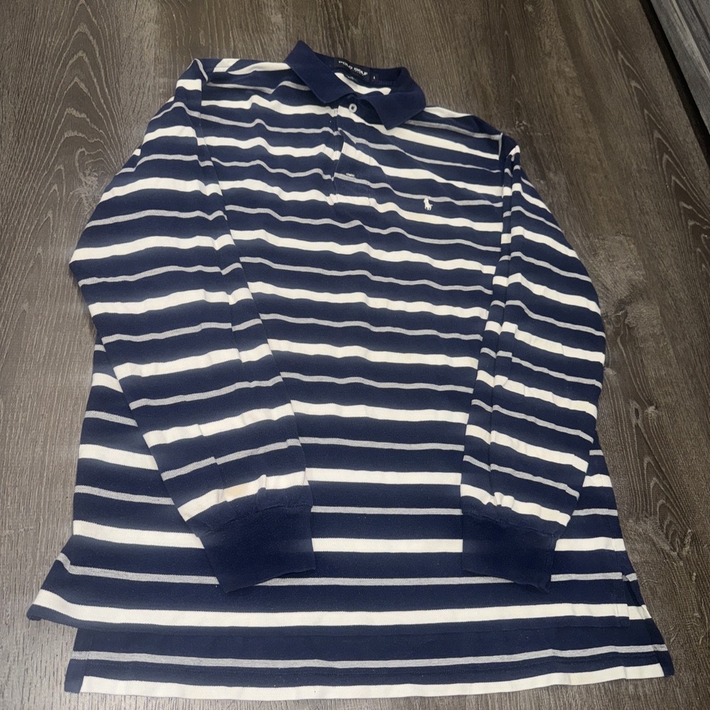 VTG Polo Ralph Lauren Shirt Mens L Rugby Long Sleeve Navy Striped Spellout Logo